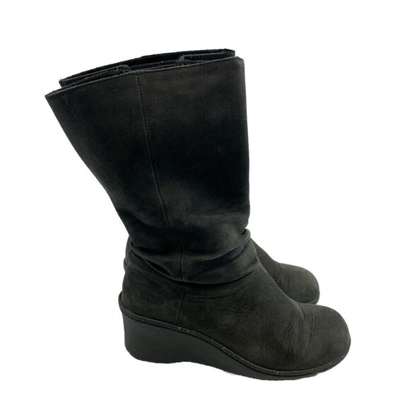 Keen Akita Mid Boot Black Leather Wedge Pull On Slouch 1007692 Womens 7.5 - Picture 1 of 15